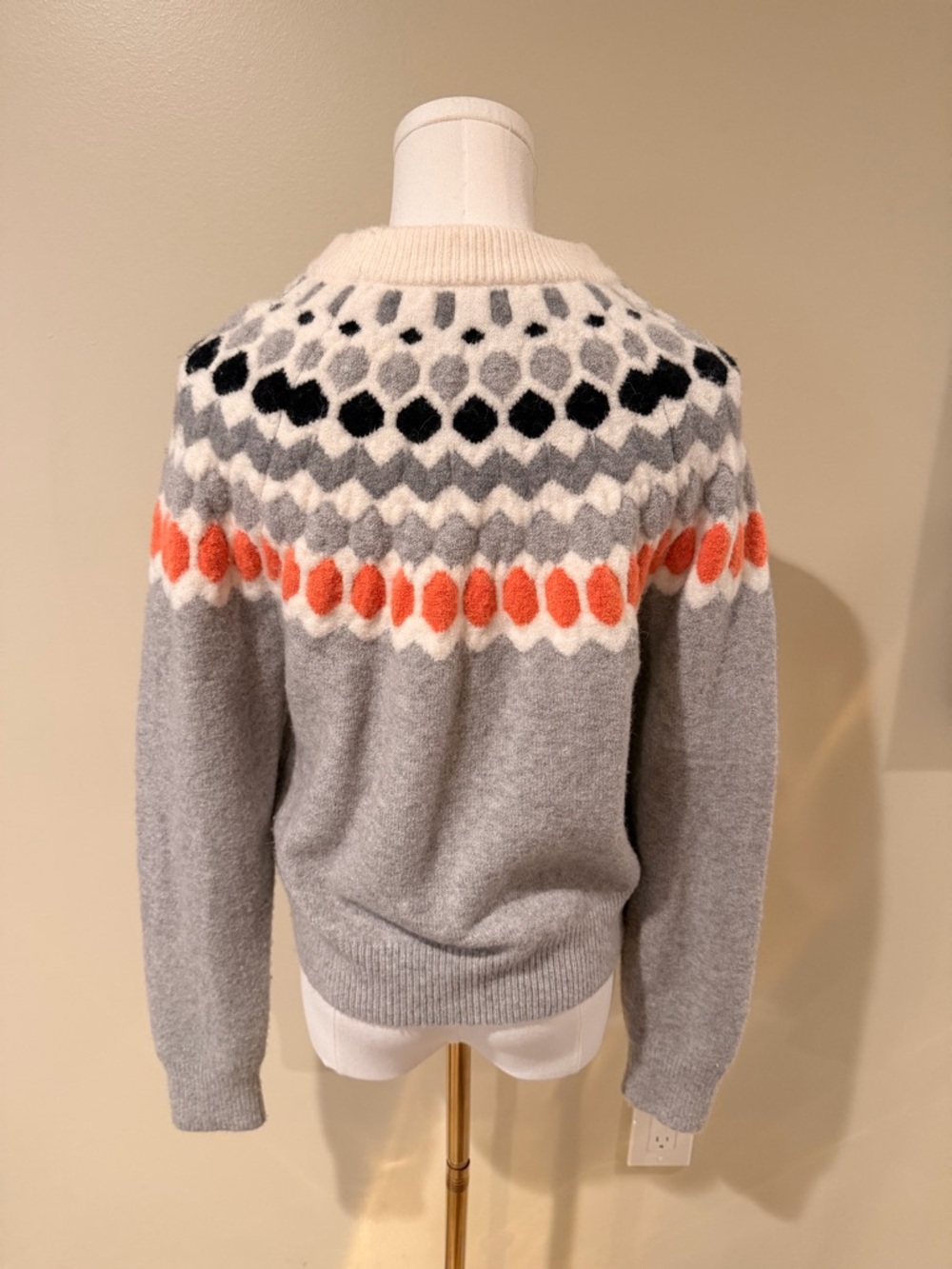 Club Monaco Gray Fair Isle Crewneck Sweater with Orange and Black Accents - Picture 4 of 10